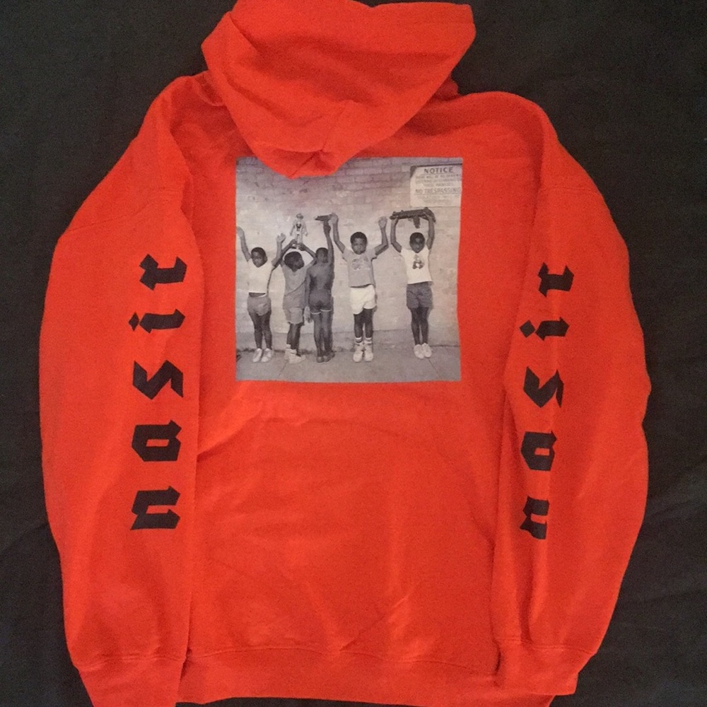 Oversized orange NASIR album merch hoodie